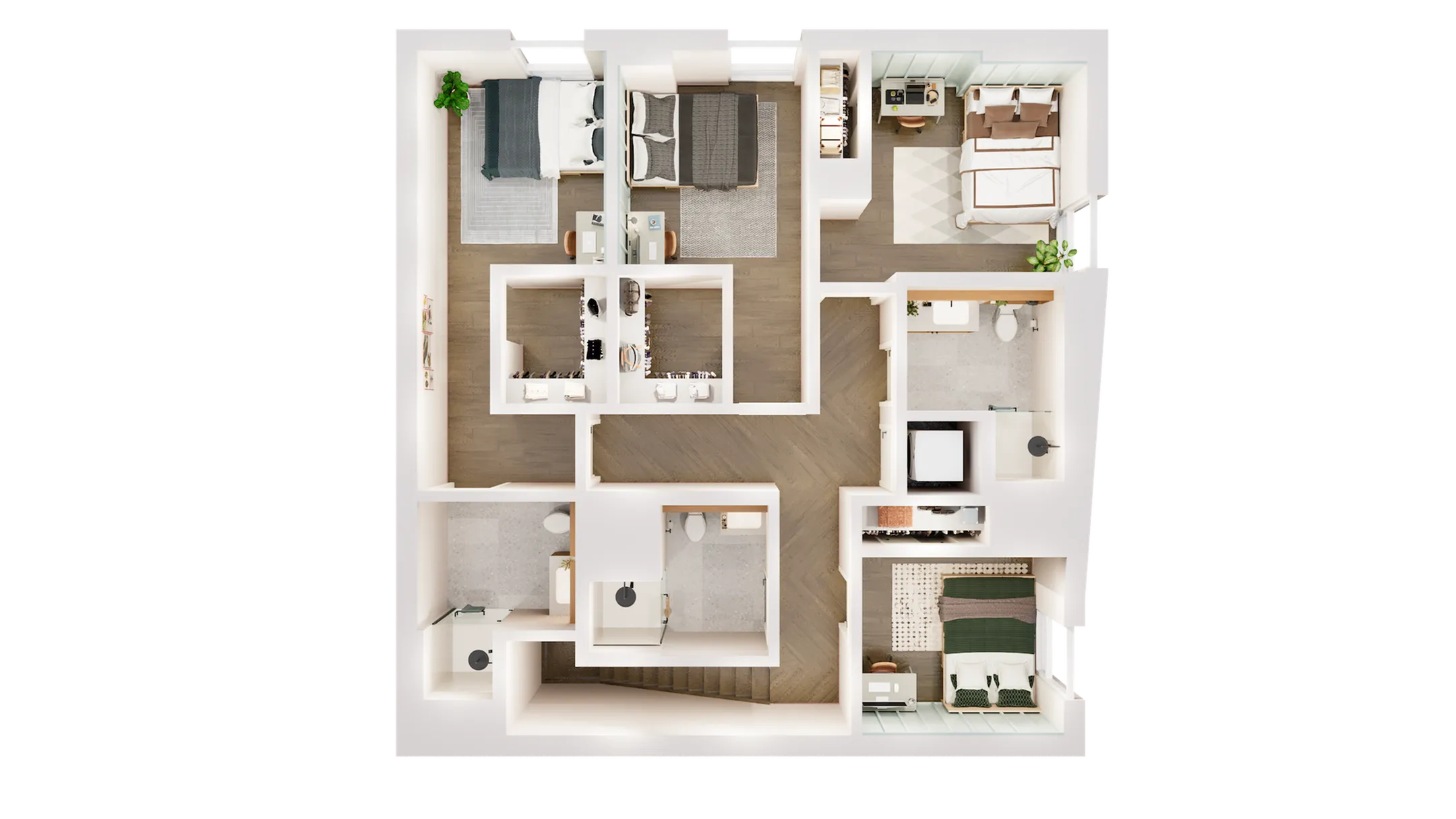 Elegant 3D floor plan showcasing three cozy bedrooms, a modern kitchen, and spacious living area with sleek design.