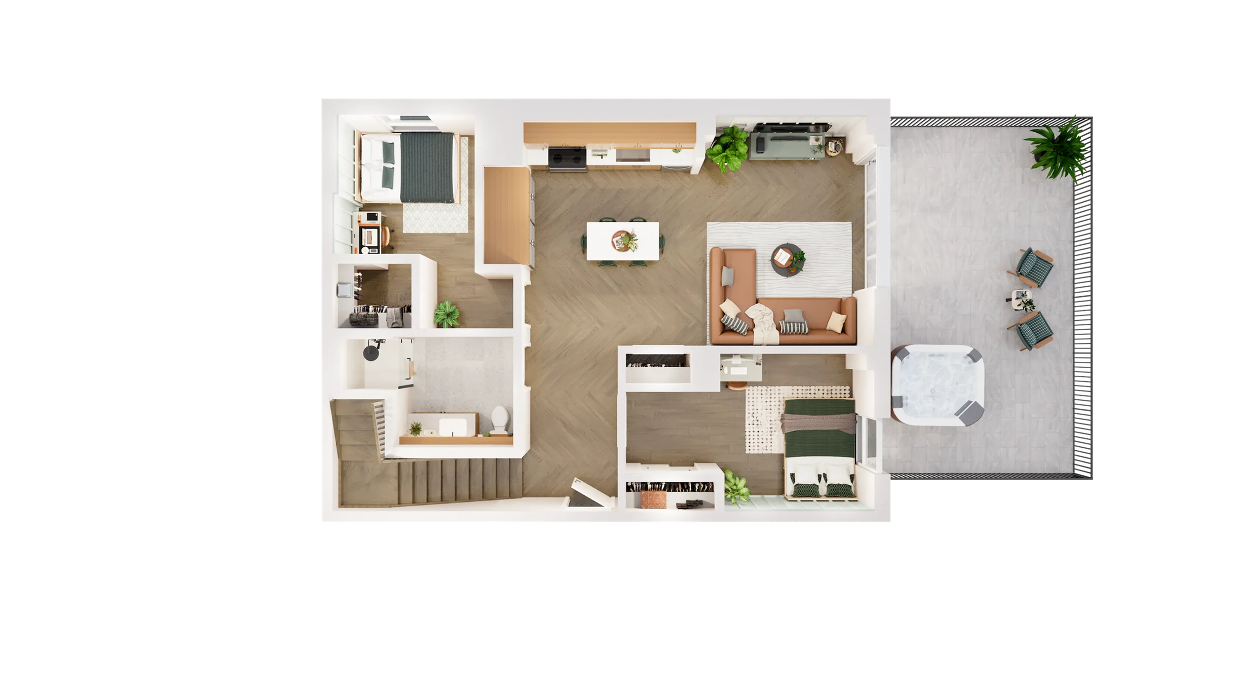 Modern 2D floor plan displaying two bedrooms, spacious living room, open kitchen, and elegant outdoor patio with hot tub.