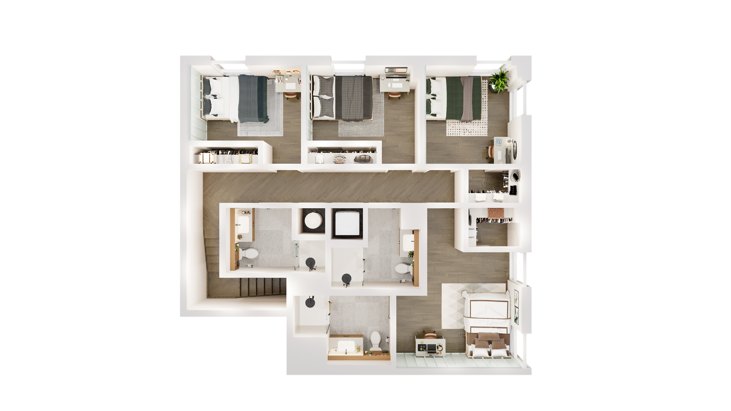 Modern 3-bedroom apartment floor plan with stylish interiors, spacious layout, and integrated living spaces.