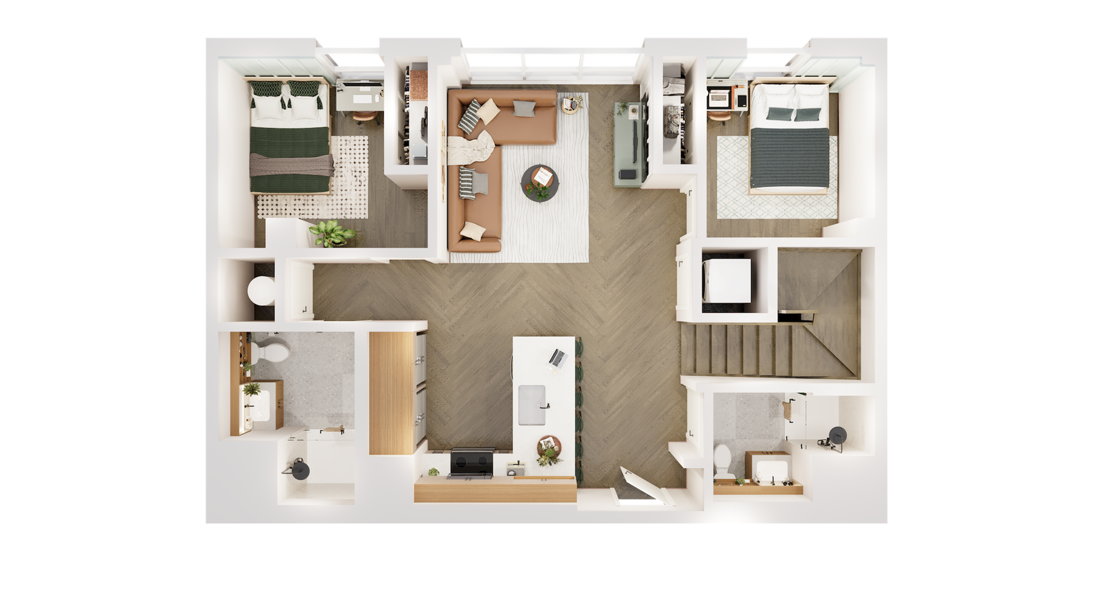 Contemporary 2D floor plan showcasing 2 elegant bedrooms, open-concept living room, sleek kitchen, and modern bathrooms.