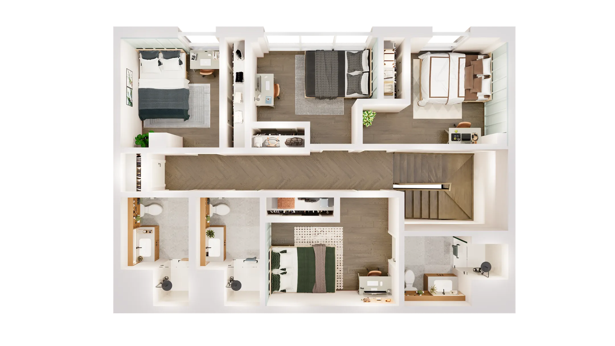 Elegant 3-bedroom floor plan showcasing stylish rooms, modern bathrooms, and an inviting living area.