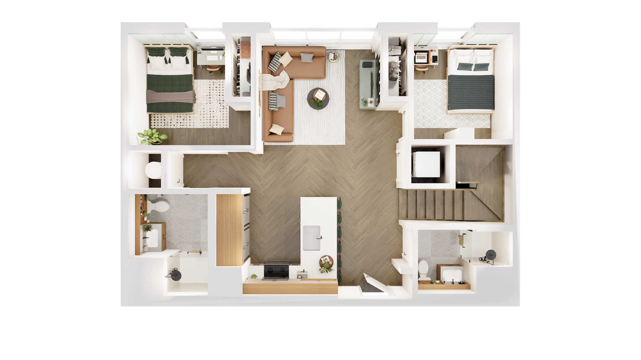 Modern apartment layout showcasing two comfortable bedrooms, a stylish open living area, and a sleek kitchen with an island, perfect for contemporary living.