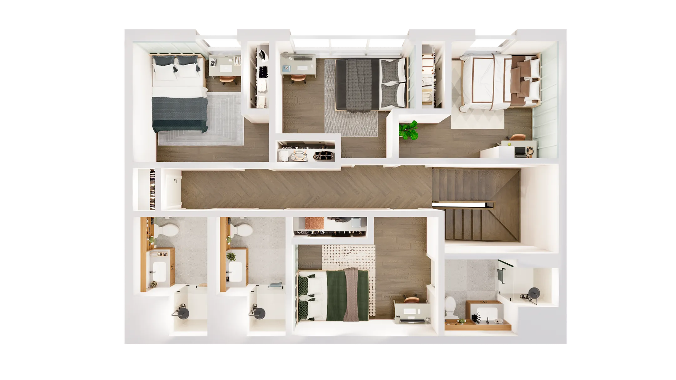 Modern floor plan with 3 spacious bedrooms, two stylish bathrooms, and sleek hardwood flooring throughout.