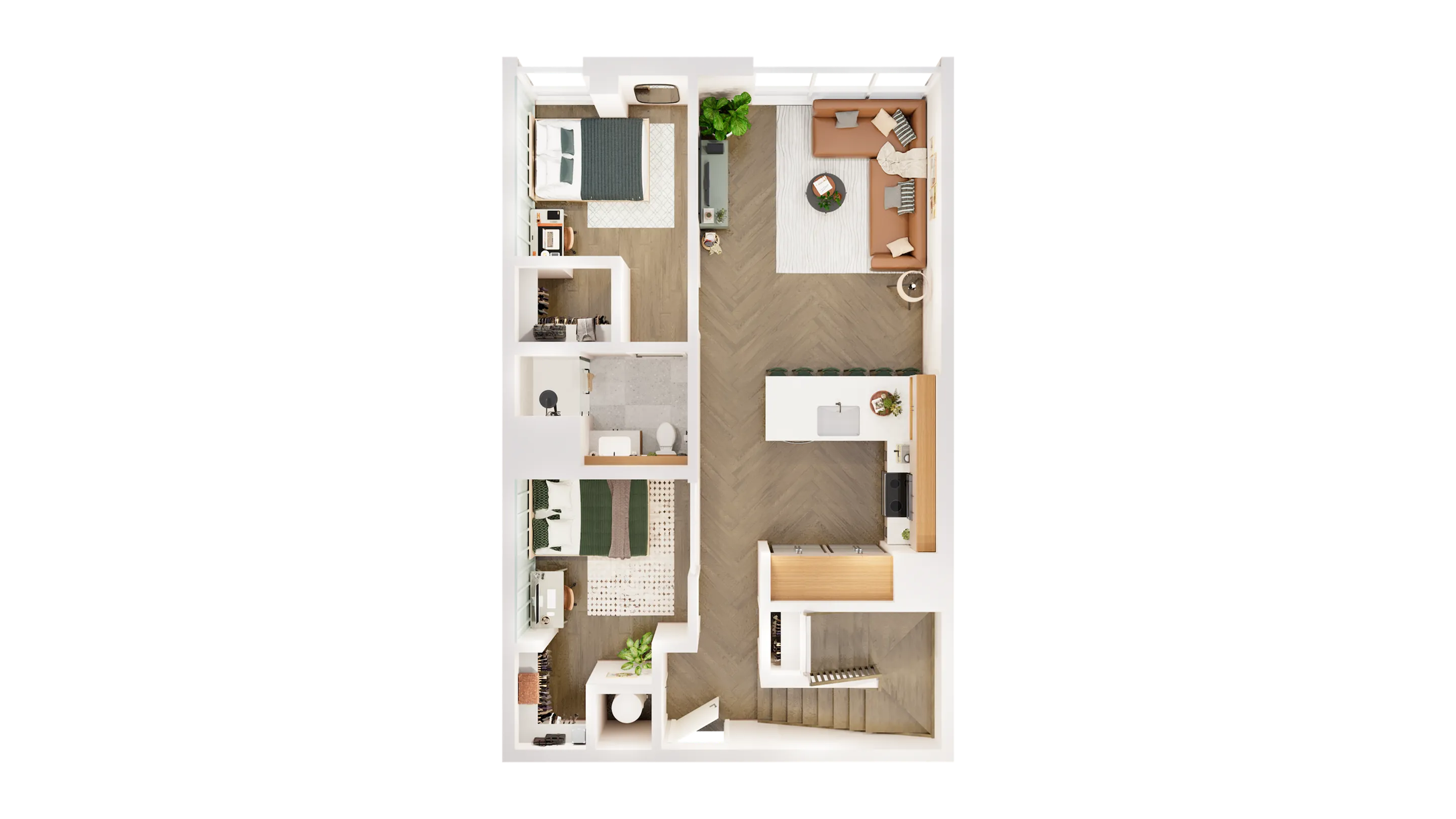Contemporary apartment floor plan showcasing two bedrooms, an airy living area, and a sleek modern kitchen with a breakfast bar.