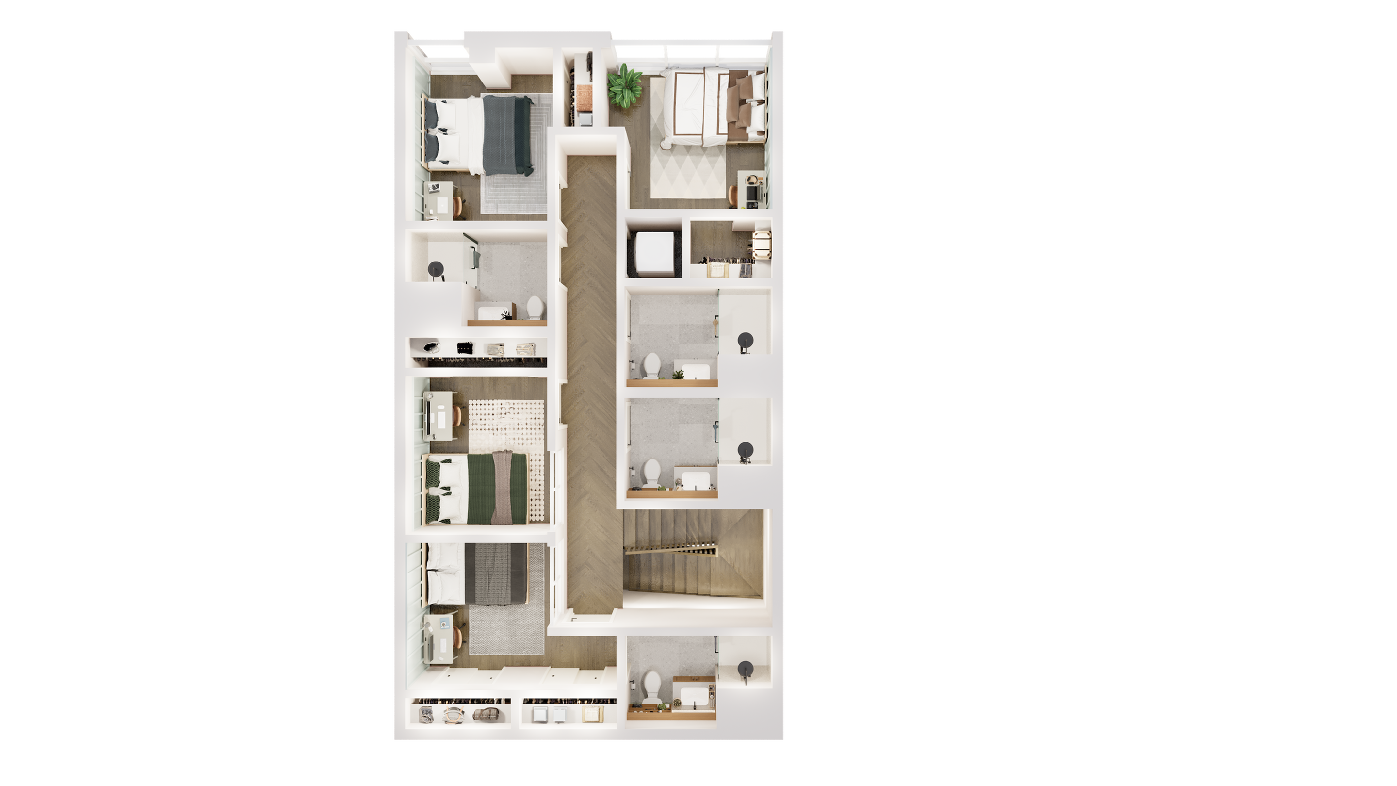 Elegant floor plan showcasing a spacious apartment with three bedrooms, multiple bathrooms, open living area, and modern design elements.