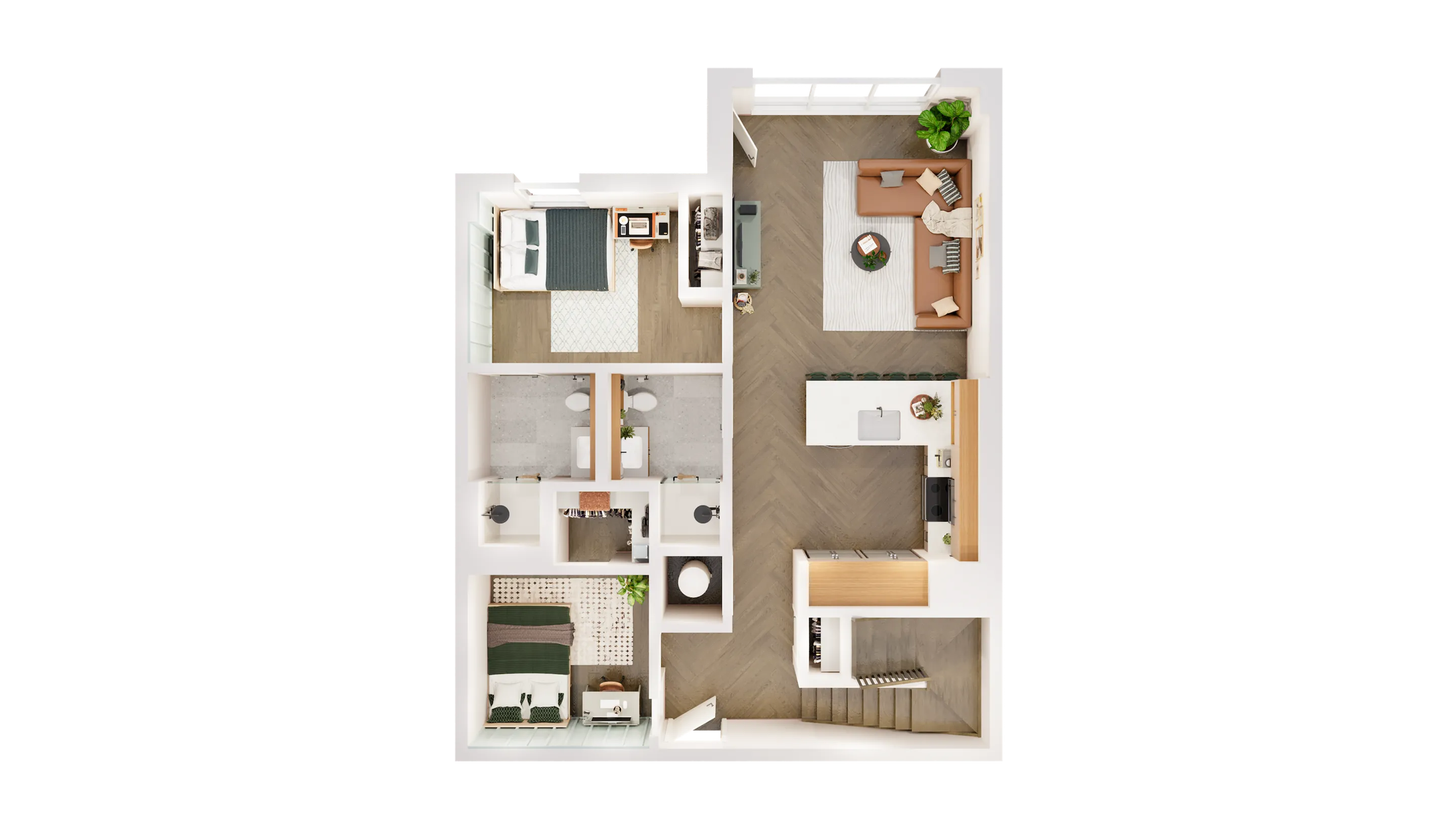 Inviting floor plan with 2 bedrooms, stylish open-concept living and kitchen area, and modern bathroom design.