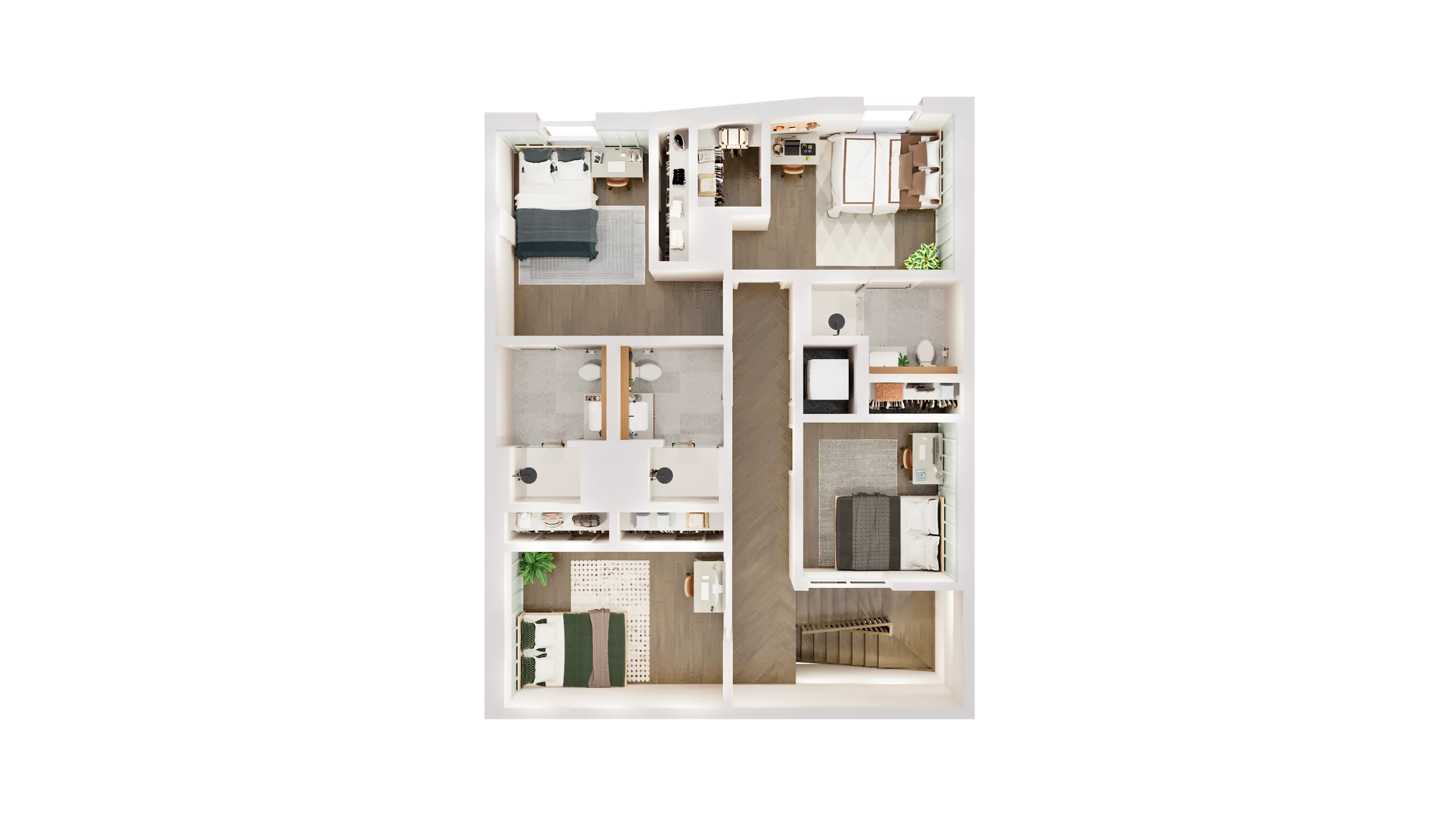 Modern floor plan featuring three spacious bedrooms, an inviting open-concept workspace, and elegantly designed bathrooms.
