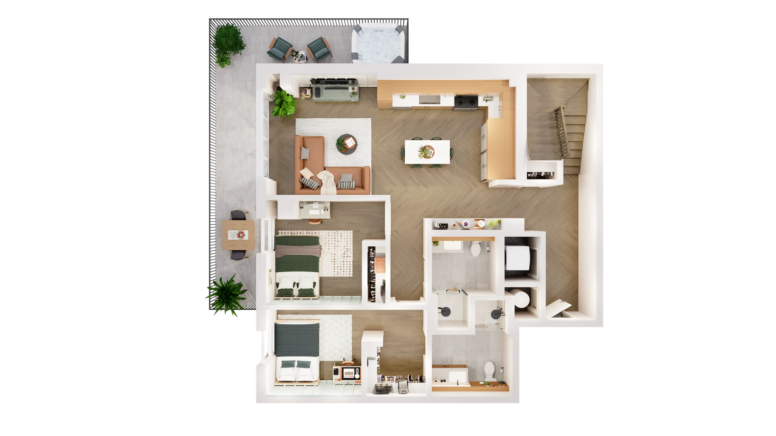 Modern floor plan showcasing 2 cozy bedrooms, open-concept living and dining area, sleek kitchen, and outdoor balcony space.
