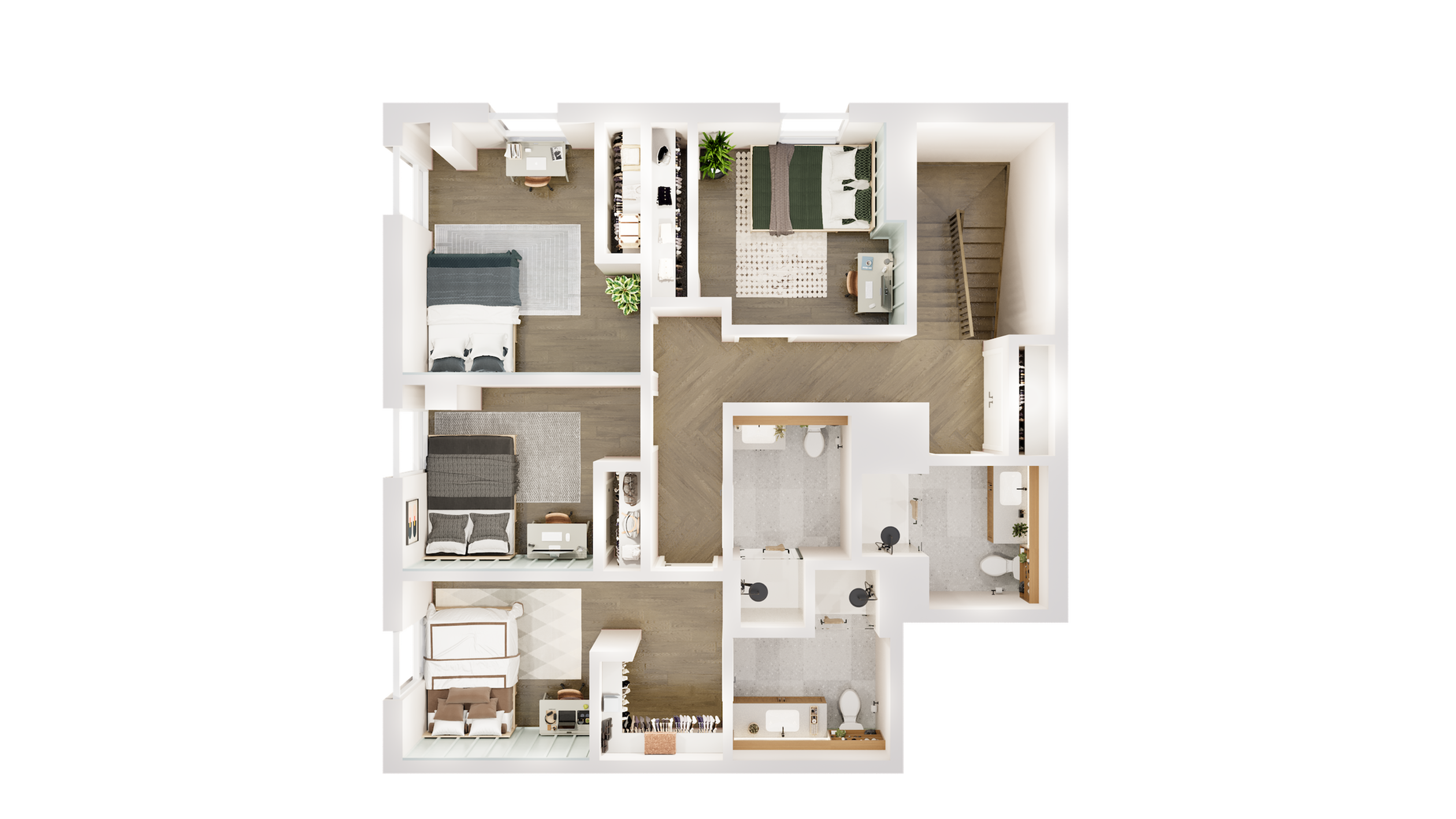 Modern floor plan showcasing three spacious bedrooms, a sleek layout, and cozy living spaces with wooden flooring and abundant natural light.
