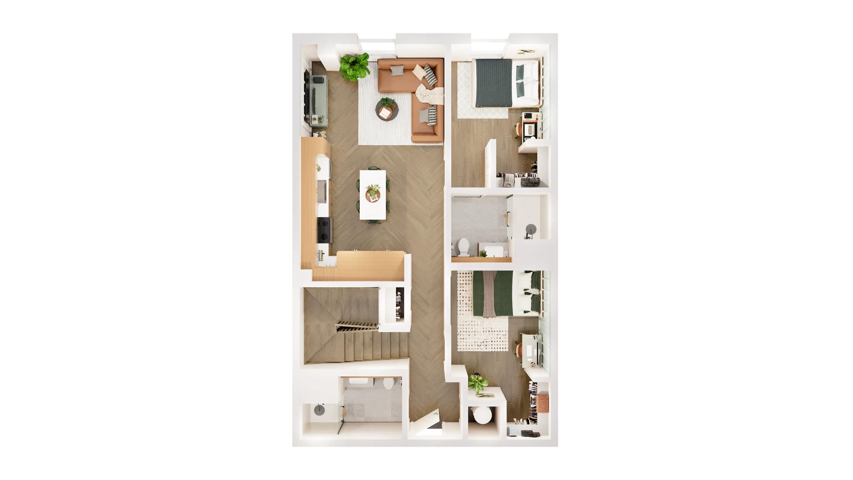 Modern floor plan showcasing an open living area with a cozy sectional sofa, two spacious bedrooms, a functional kitchen with an island, and two stylish bathrooms.