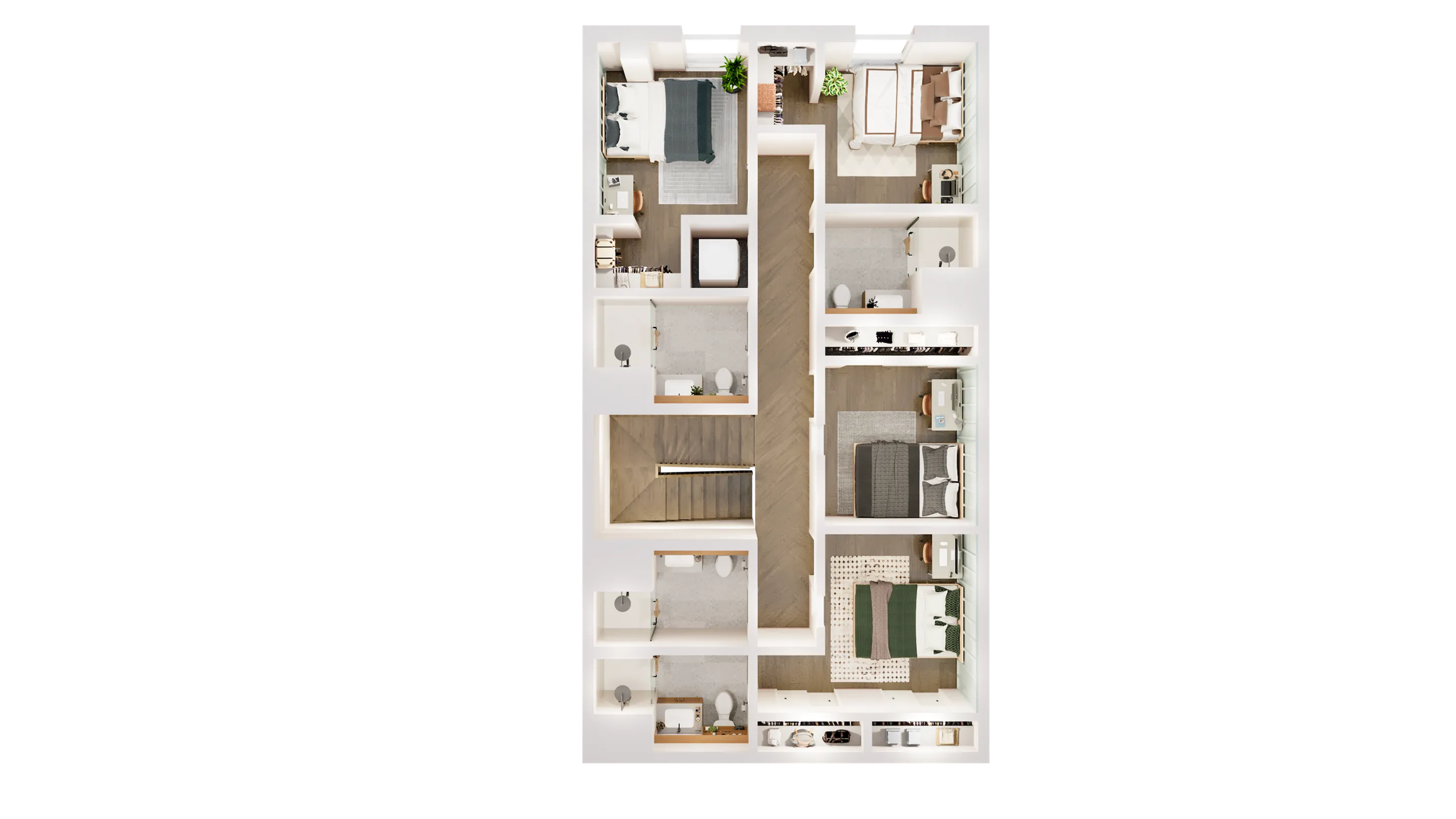 Elegant 3D floor plan showcasing three spacious bedrooms, stylishly designed bathrooms, and a cozy living area. Ideal for modern living.