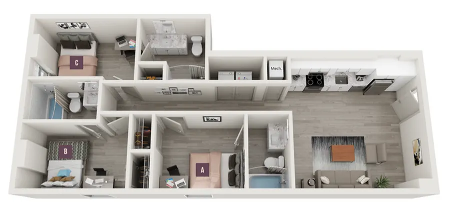 Modern 3-bedroom apartment floor plan showcasing open living area, sleek kitchen, and two stylish bathrooms.