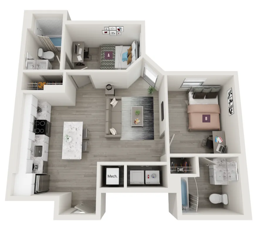 Modern 3D floor plan featuring two bedrooms, a sleek kitchen with island, cozy living area, and two stylish bathrooms.