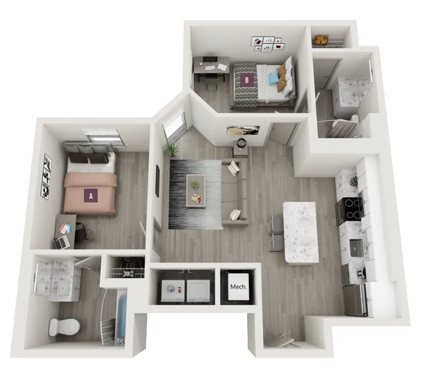 Modern 2D floor plan showcasing 2 bedrooms, open living area, sleek kitchen, and cozy workspace.