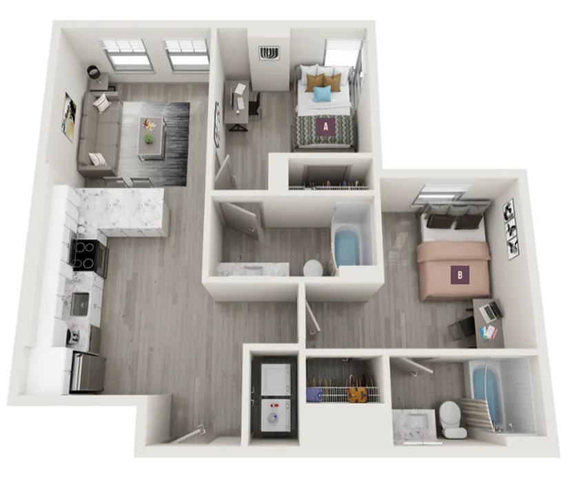 Modern 3D floor plan showcasing 2 bedrooms, open living area, sleek kitchen, and 2 bathrooms, designed for optimal functionality and comfort.