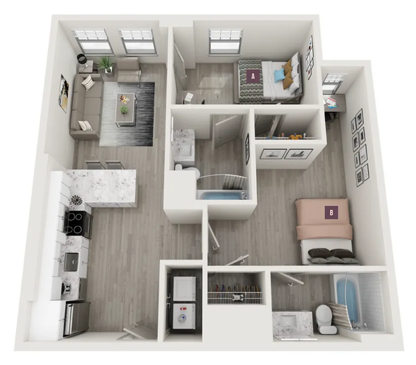Modern floor plan with 2 cozy bedrooms, open living room, sleek kitchen, and elegant bathrooms, optimized for comfort and style.
