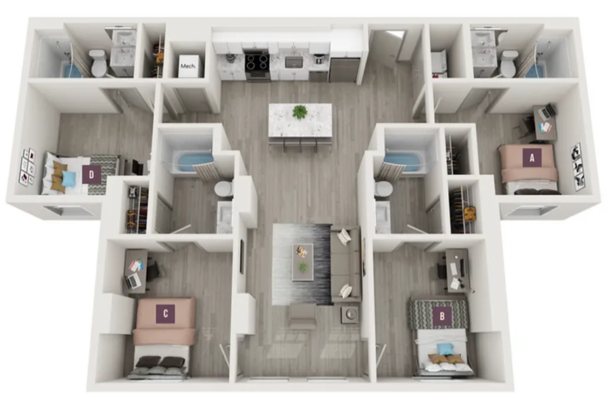 Modern 3D floor plan illustrating a four-bedroom apartment with an open-concept living area, sleek kitchen island, and two elegant bathrooms.