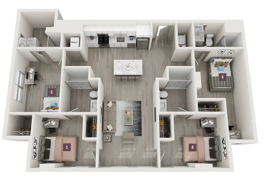 Modern 3D floor plan showcasing 4 bedrooms with spacious open-concept living area and contemporary kitchen.