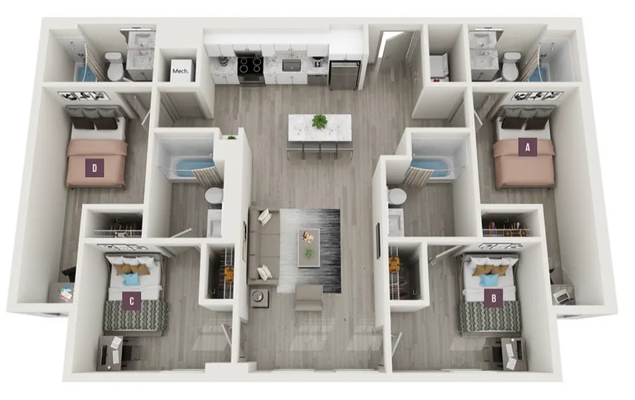 Modern 3D floor plan displaying four spacious bedrooms, open-concept living and dining area, sleek kitchen with island, and stylish bathrooms.
