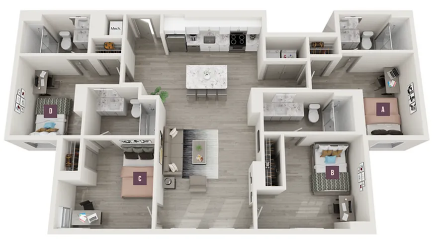 Sleek 3D floor plan showcasing 4 bedrooms, modern kitchen with island, and an open living space, ideal for contemporary living.