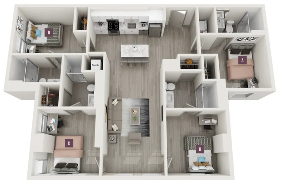 Elegant 3D floor plan featuring 4 spacious bedrooms, a modern kitchen with an island, and an inviting open-concept living area with abundant natural light.