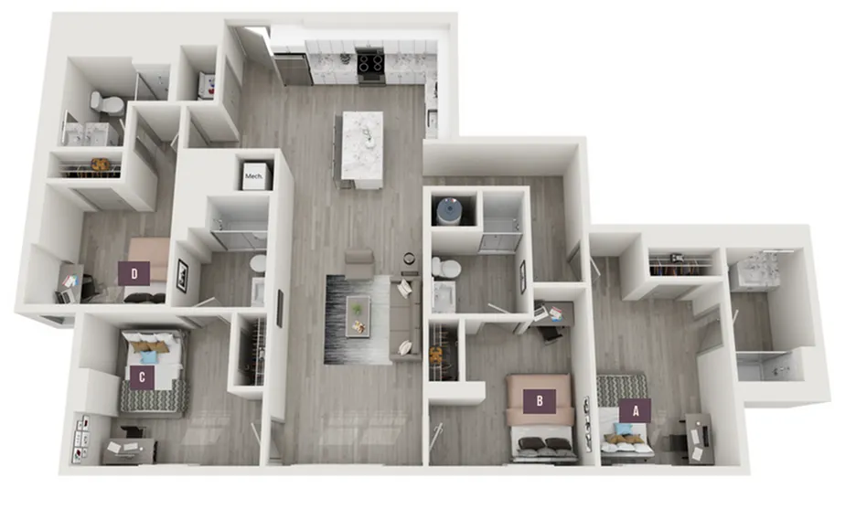 Modern floor plan featuring 4 bedrooms, an open-concept kitchen with island, cozy living area, and multiple bathrooms for ultimate comfort.