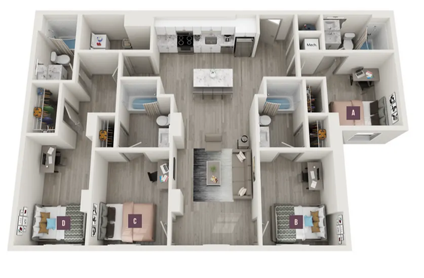 Modern floor plan showcasing 4 bedrooms, an open-plan kitchen with island, and a spacious living area, ideal for family living.