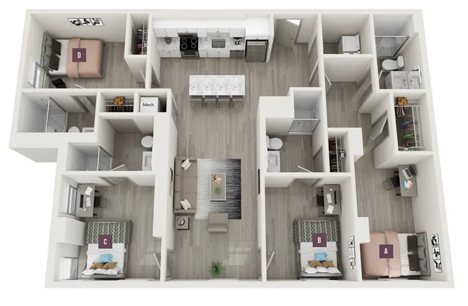 Modern 3D floor plan featuring 4 bedrooms, spacious open-concept living area, stylish kitchen with island, and 3 bathrooms, ideal for family living and entertaining.