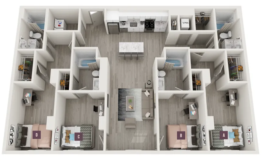 Modern and spacious 3D floor plan showcasing four bedrooms, a sleek kitchen with an island, and a cozy living area, perfect for family living.