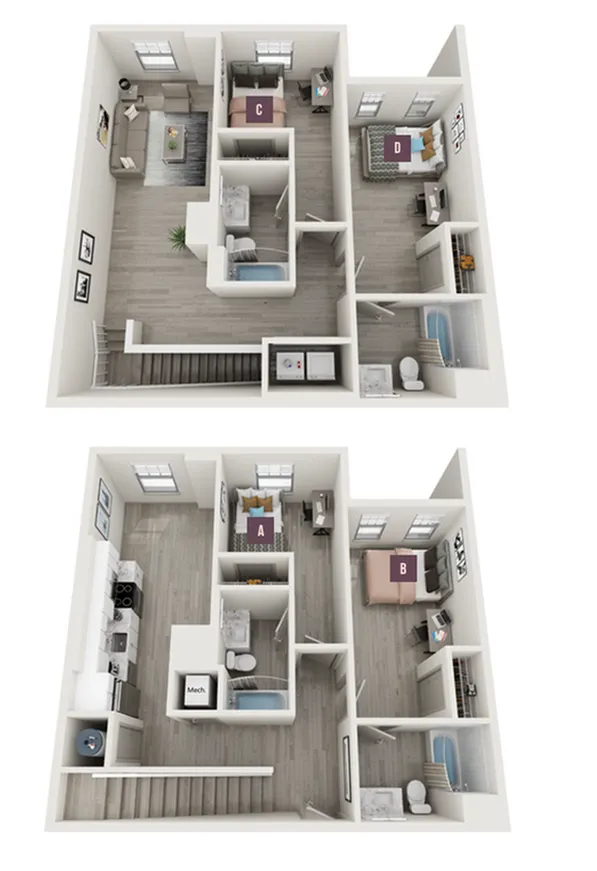 Modern two-story floor plan showcasing 4 bedrooms, a cozy living area, sleek kitchen, and 2 elegant bathrooms. Perfect for spacious family living.