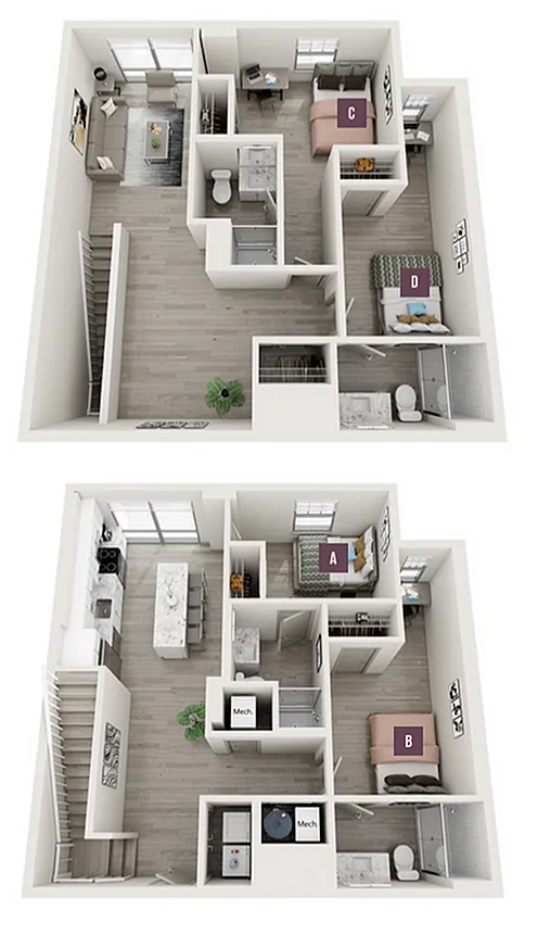 Modern dual-level floor plan with 3 bedrooms, open-concept living space, sleek kitchen, and two bathrooms, offering stylish and functional design.