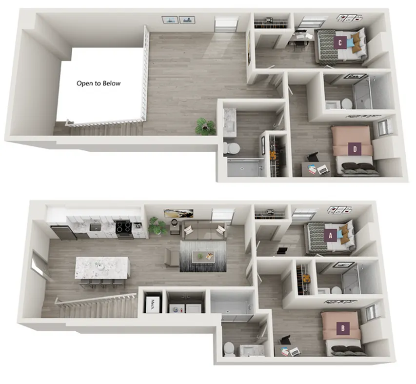 Modern two-level floor plan showcasing 4 bedrooms, stylish open-concept kitchen and living area, and elegant wood flooring.