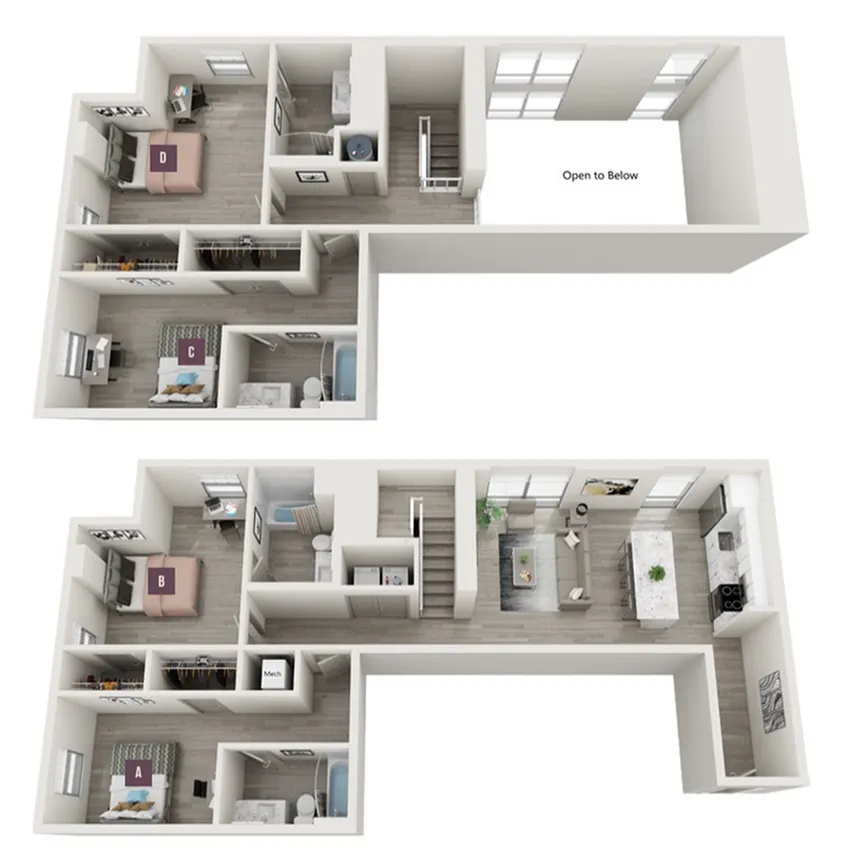 Modern 3D floor plan showcasing a spacious multi-level layout with four bedrooms, open living area, and sleek kitchen design.
