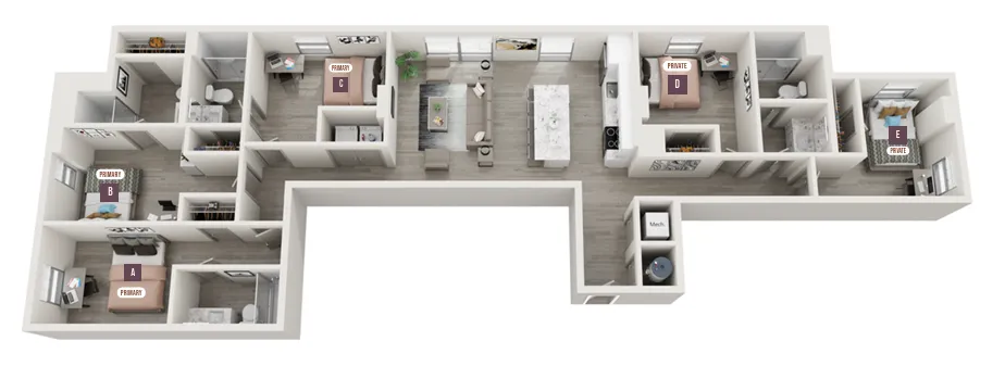 Modern 3D floor plan showcasing 5 bedrooms, a stylish open-concept living area, and a sleek kitchen layout.