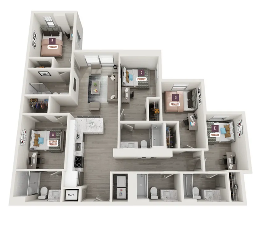 Chic floor plan showcasing 5 bedrooms, modern kitchen with stone countertops, and open living space. Ideal for spacious living and comfort.