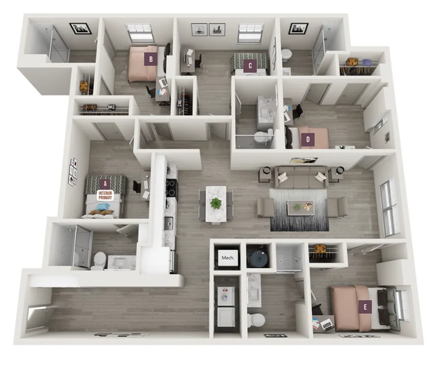 Spacious 3D floor plan featuring 5 bedrooms, modern living area, sleek kitchen with island, and two stylish bathrooms.