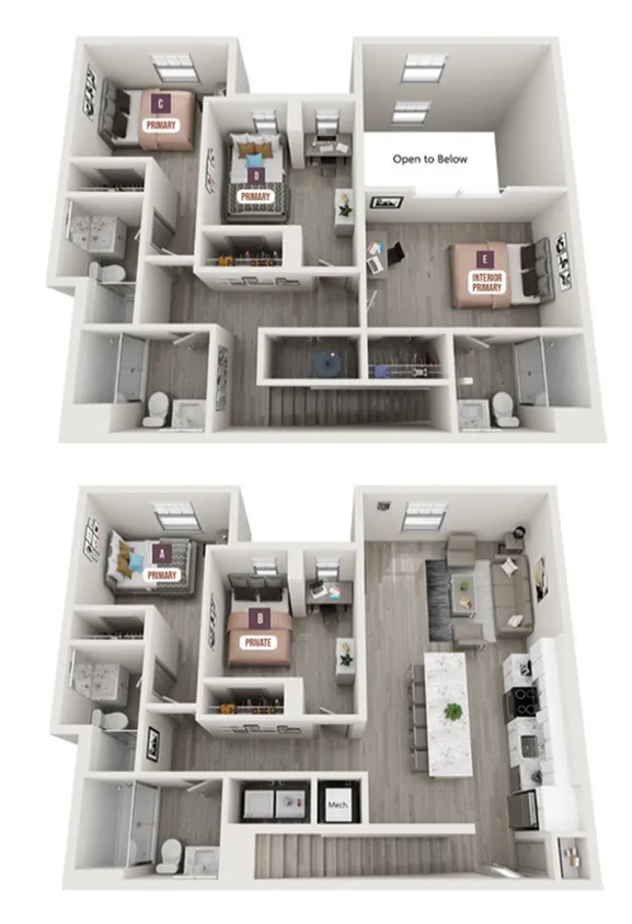 Modern two-story floor plan featuring five bedrooms, an open-concept kitchen and living area, and multiple bathrooms for comfortable living.