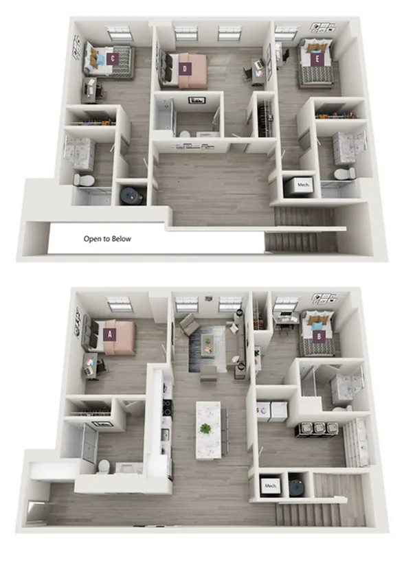 Spacious two-level floor plan featuring five bedrooms, open-concept living area, modern kitchen with island, and abundant natural light.