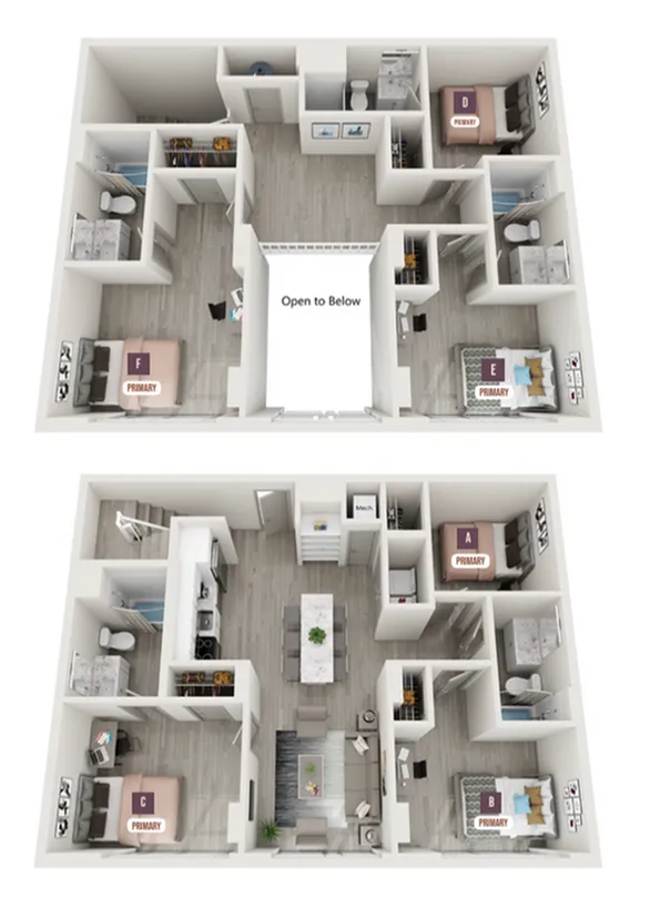 Spacious two-level floor plan with 6 bedrooms, open-concept living area, modern kitchen, and elegant dining space. Perfectly designed for comfort and style.