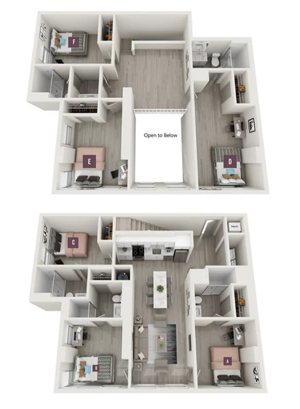 Modern two-story 3D floor plan showcasing six bedrooms, a sleek kitchen with an island, and spacious living areas.
