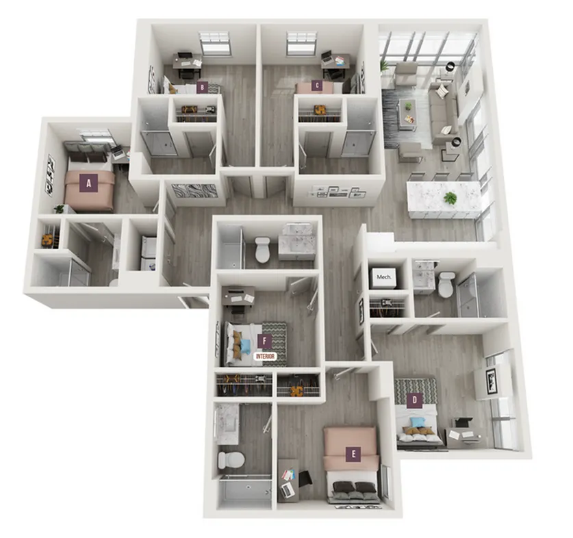 Modern 3D floor plan showcasing 3 spacious bedrooms, a sleek open-concept living and dining area, and a contemporary kitchen with large windows.