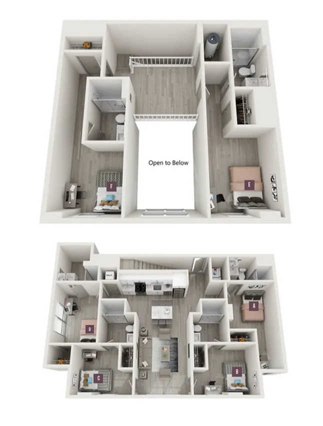 Modern 3D floor plan with six bedrooms, stylish kitchen, and open-concept living space overlooking a central atrium.