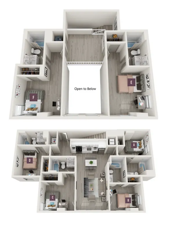 Chic 3D floor plan showcasing a spacious two-level apartment with six bedrooms, modern open-concept living area, and stylish kitchen. Perfect for luxurious and comfortable family living.