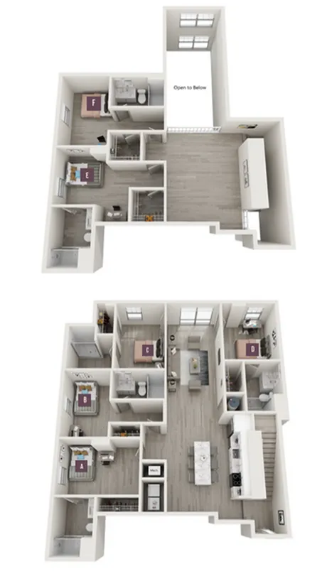 Elegant two-level floor plan showcasing 6 bedrooms, an open-concept living area, and a modern kitchen with ample natural light.