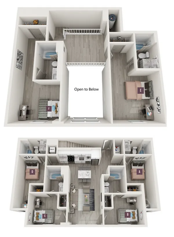 Elegant 3D floor plan featuring six bedrooms, open living area, and modern kitchen, ideal for spacious living.