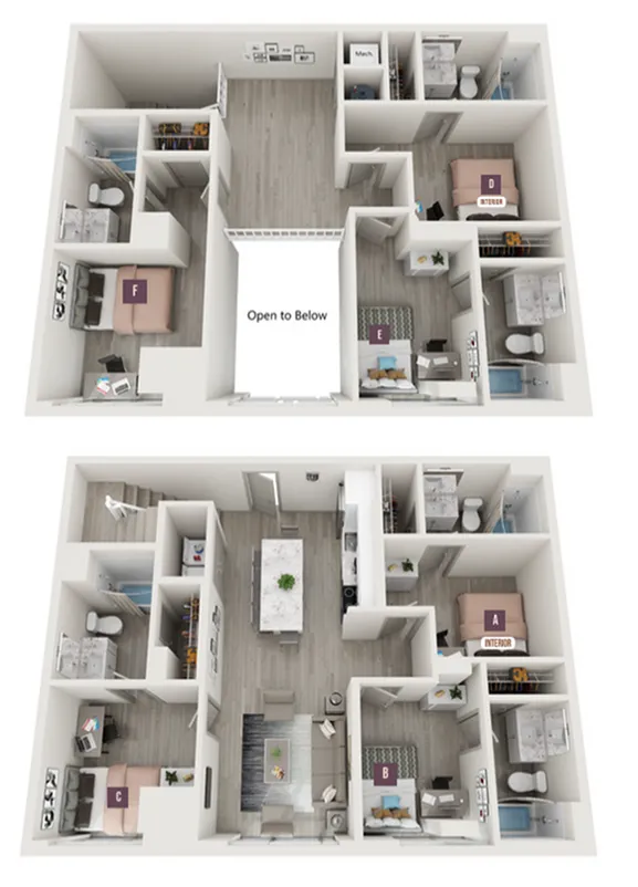 Elegant multi-level floor plan showcasing 6 bedrooms, a spacious open-concept living area, and modern kitchen design, ideal for comfortable living.