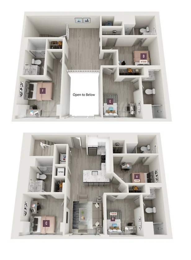 Chic 3D floor plan showcasing a two-level apartment with 6 bedrooms, modern kitchen, elegant living area, and balcony overlooking open space.