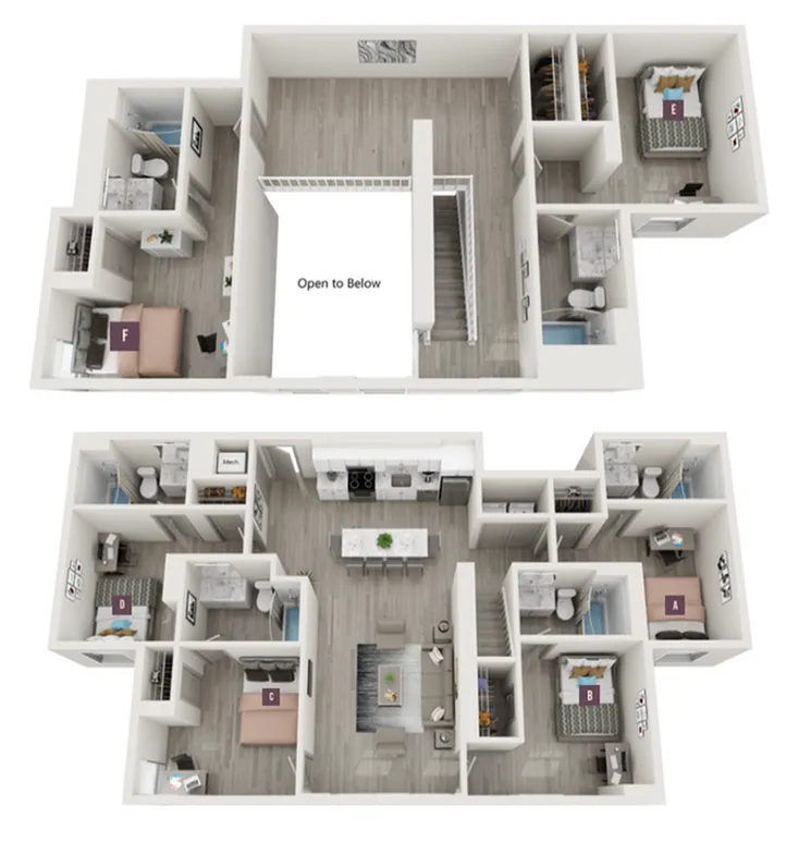 Chic 3D floor plan showcasing a modern multi-level apartment with 6 bedrooms, sleek kitchen, and spacious living area, perfect for stylish living.