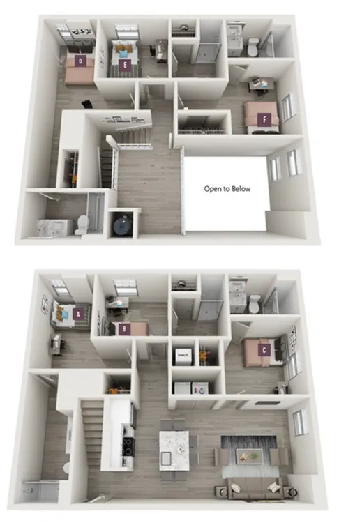 Modern two-level floor plan showcasing 5 bedrooms, open living area, and contemporary kitchen with stylish design.