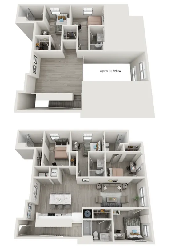 Chic two-level floor plan showcasing 3 bedrooms, elegant kitchen with island, and open living area with abundant natural light.